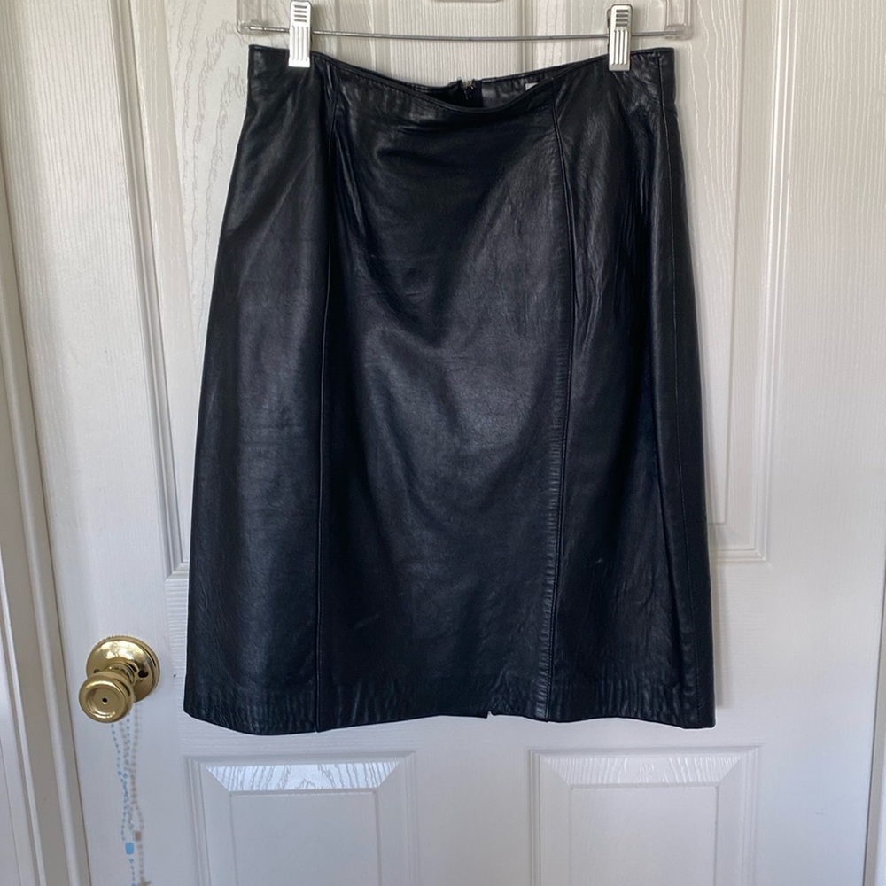 “Evan Davies” vintage black leather skirt; size 10